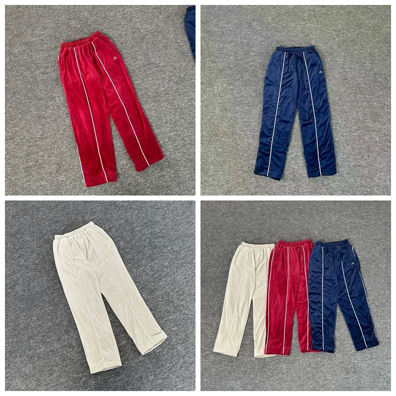 

Trendy Embroidered Logo Velvet Patchwork Loose Straight Leg Trousers for Men Early Autumn Faion High Street Casual Pants