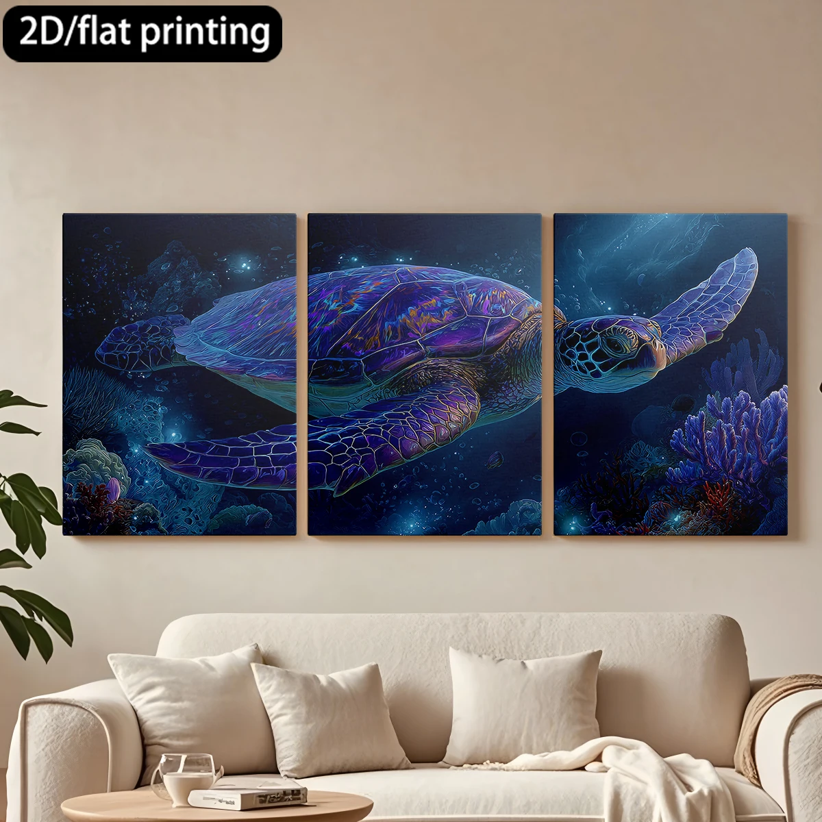Impresión plana 2D, cuadro decorativo de lona con marco de madera de 3 piezas, tortuga marina, coral colorido, océano. Decoración para pasillo y dormitorio.
