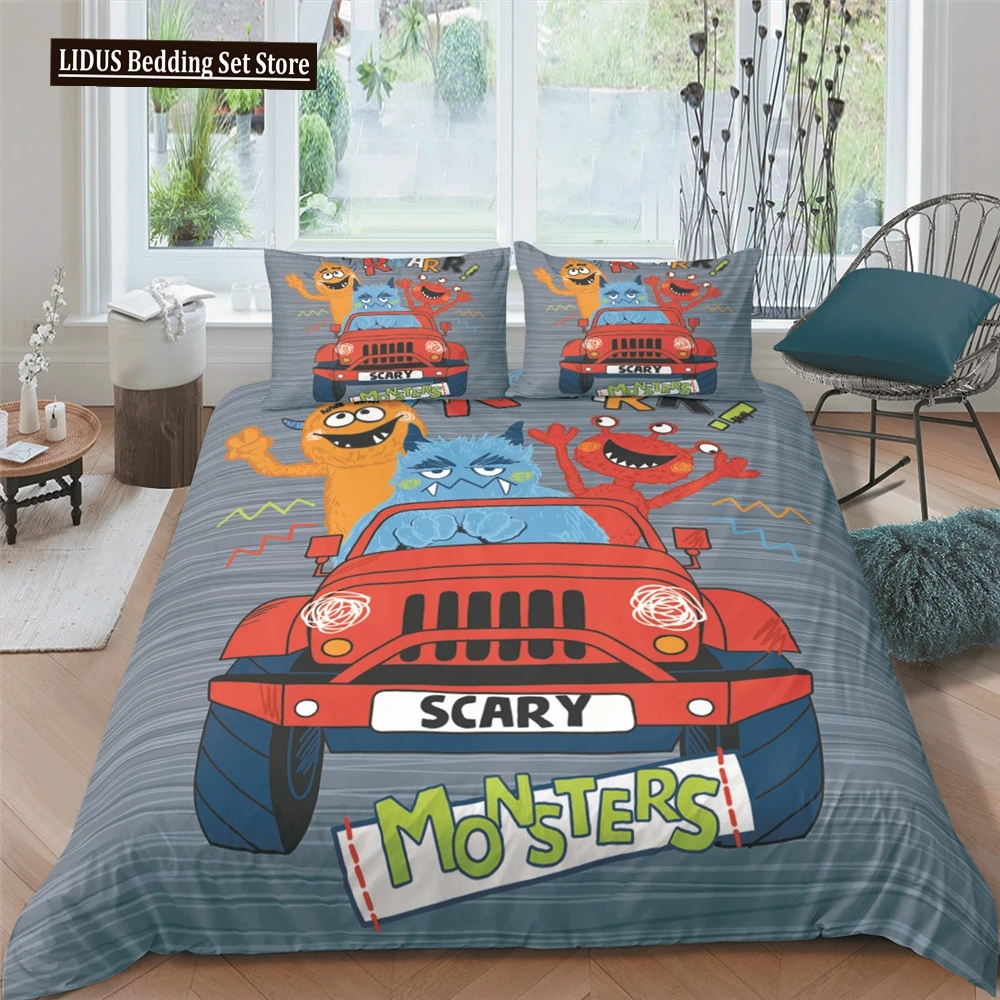 

Monster Car King Queen Duvet Cover Cartoon Bedding Set For Boys Lovely Toy Truck Comforter Cover 2/3pcs Polyester Quilt Cover