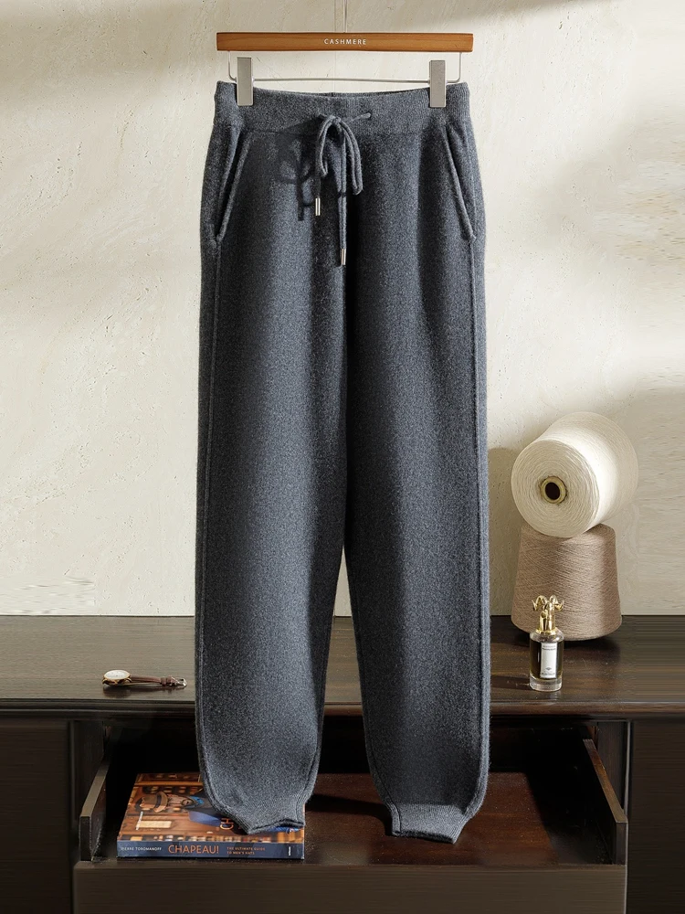 High Quality 100 Cashmere Kint Small Leg Pants Autumn Winter Men's Sweatpants Solid Casual Versatile Thick Ankle-Length Trousers