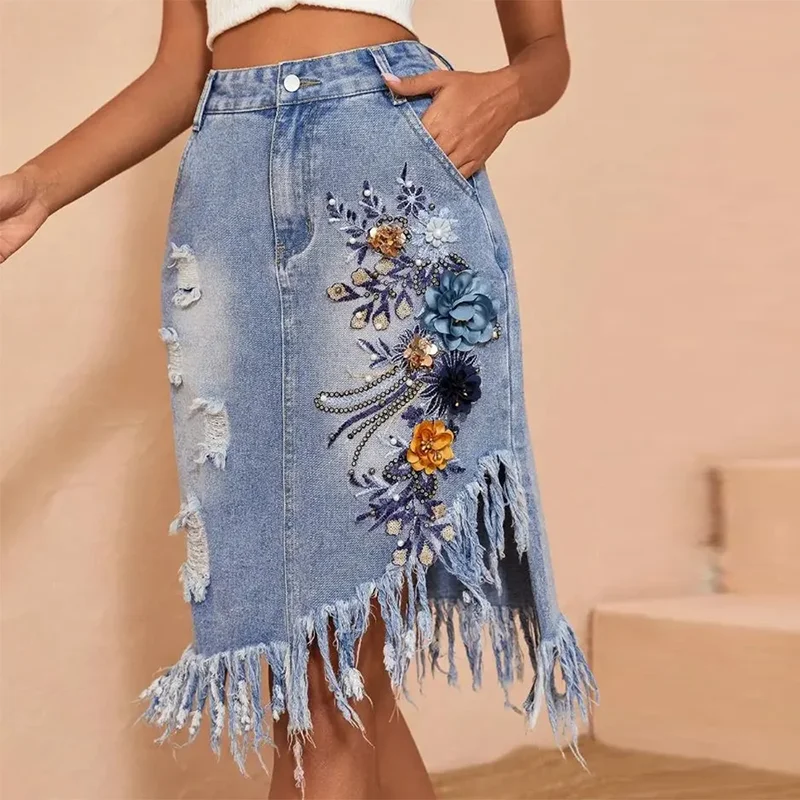 BPN Hit Color Patchwork Appliques Slimming Denim Skirt For Women High Waist Spliced Tassels Irregalur A Line Skirts Female New