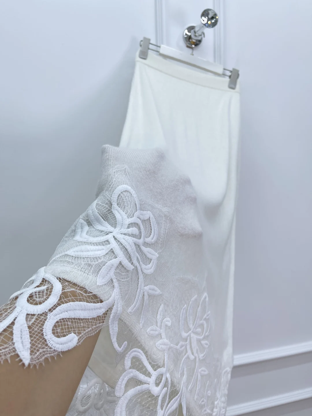 Costume tricoté en laine de cachemire pour femmes, châle Patchwork brodé en dentelle + jupe longue trapèze à taille élastique, ensemble élégant 2 pièces