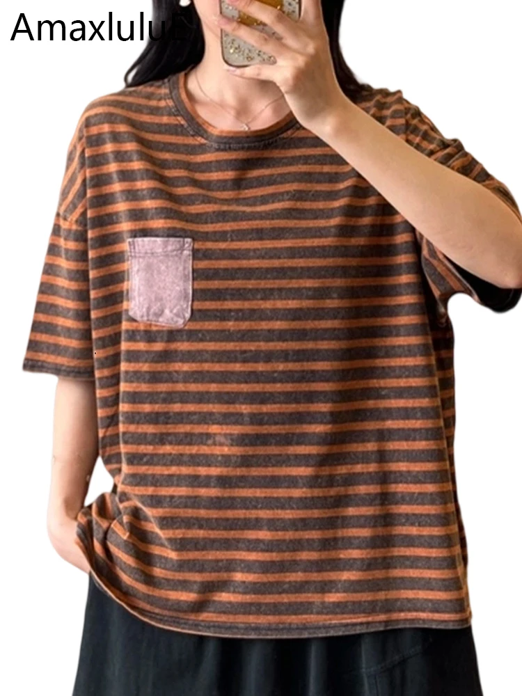 

Amax LuluE Summer Korean Design Ladies Vintage Elegant Fashion Tshirts Classic Patchwork Loose Tops Women Causal Striped Clothes