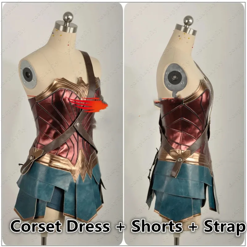 2025 New Anime Wonder Cosplay Costume Cos Woman Dress Diana Adult Brown Top Faux Leather Corset Shorts +Girl Wig Accessories abc