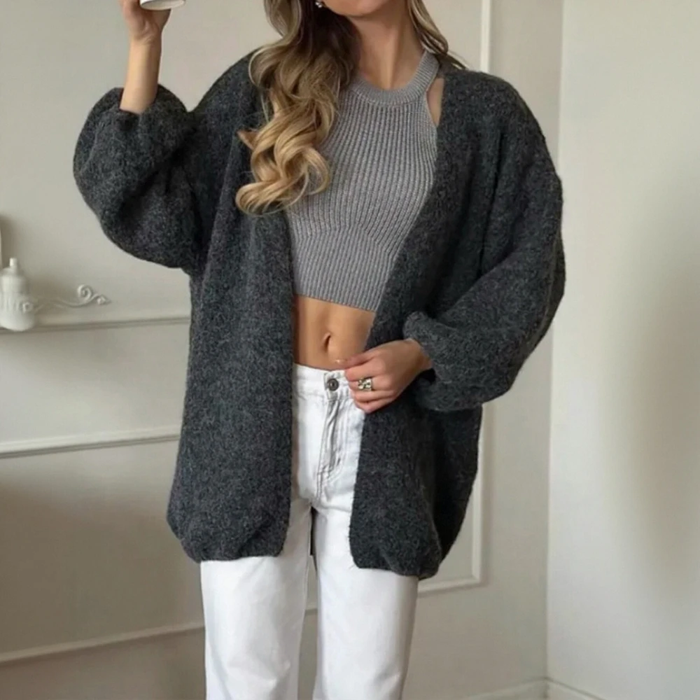 

Women's Autumn Cardigan Solid Color Lantern Sleeve Open Front Casual Basic Fashion Daily Top