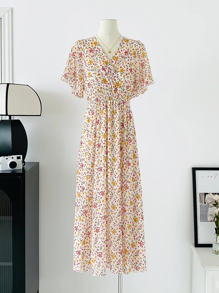 Summer Maxi Dresses for Women 2026 Casual Short Sleeve Floral Print V-Neck  Chiffon Bohe Beach Party Long Dress Mujer Vestidos