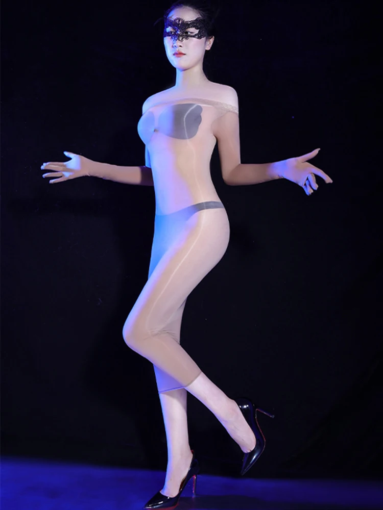 Sexy Women 5D Oil Glossy Shiny Micro Mini Dress Five Glove Bodycon Tights Dresses Sheer See Through Elastic Pencil Dress