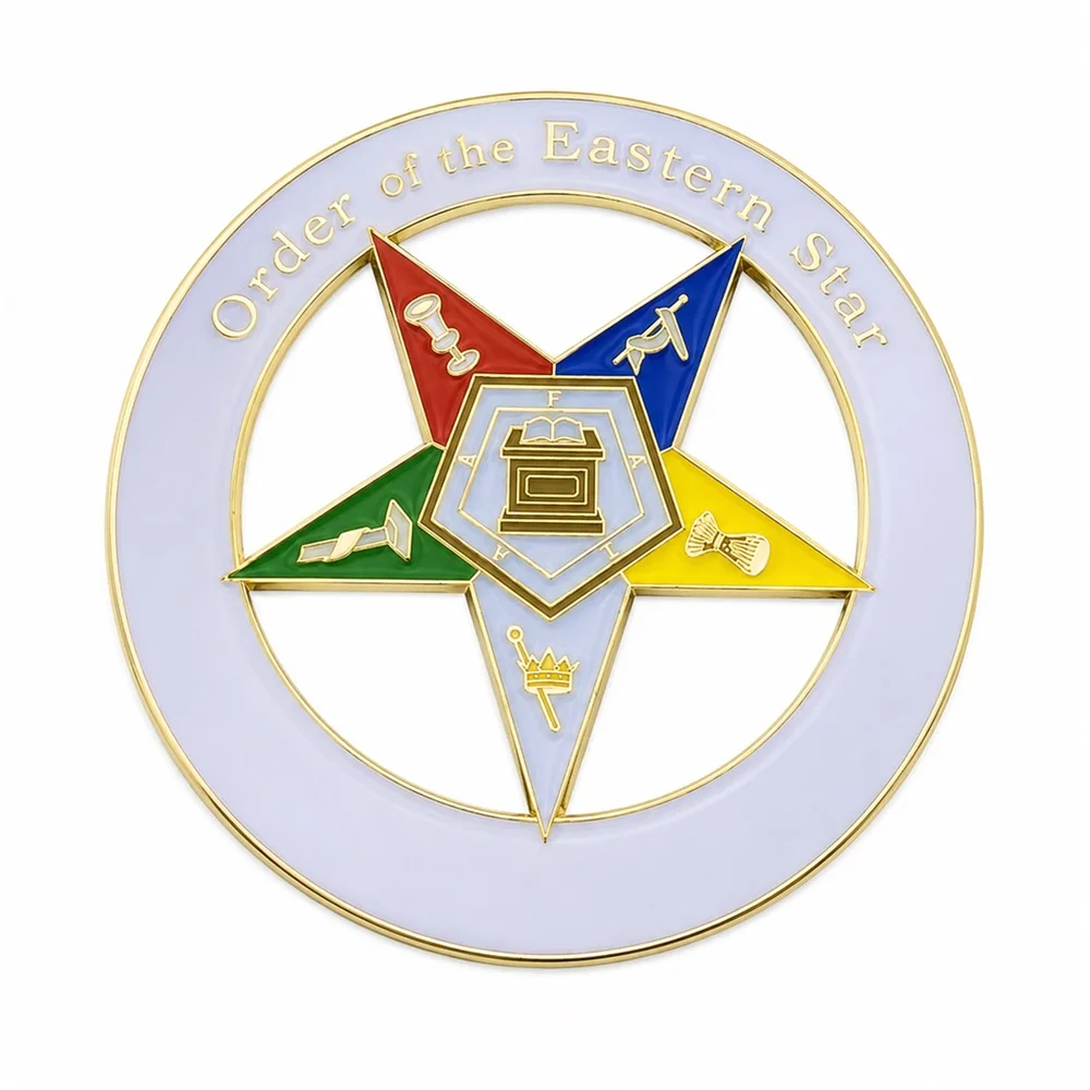 Order Of Eastern Star Masonic Car Emblem Metal Gold Plated Freemason Symbol Car Badge Sticker with Red Adhesive, 3 Inches
