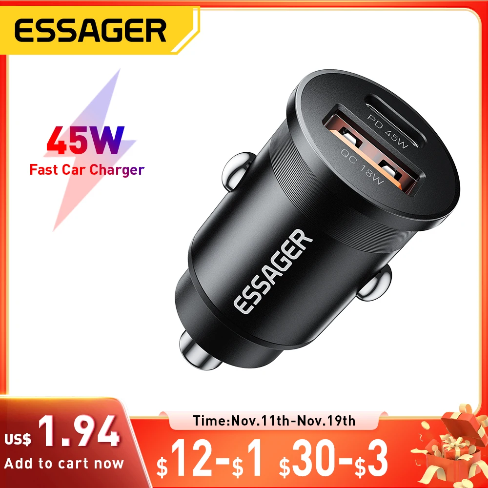 Essager 45W Car Charger Fast Charging Dual Port  PD QC3.0 Type-C Quick Charger for iPhone 16 15 14 Samsung Xiaomi Huawei Oppo