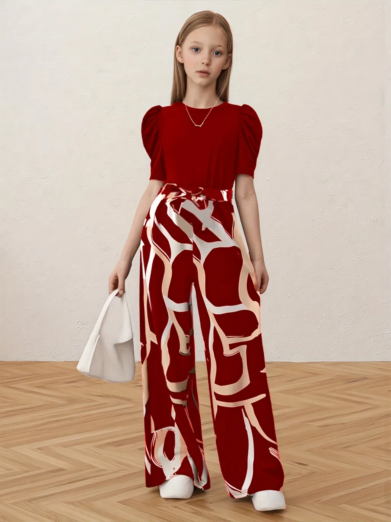 Comfy Kids Girls Two Piece Casual Suit, Red Puff Sleeve Blouse & Abstract Line Printed Belted Loose Wide Leg Pants for Holiday P