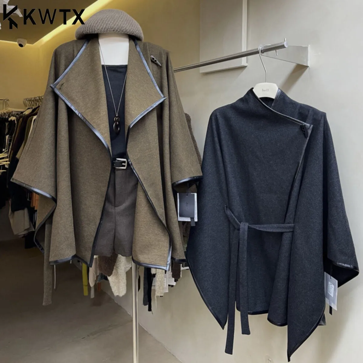 

KWTX 2025 Women's Wool Cape Coat Autumn Winter Patchwork With Waist Rope One Button Chic Vintage Elegant Premium New Style