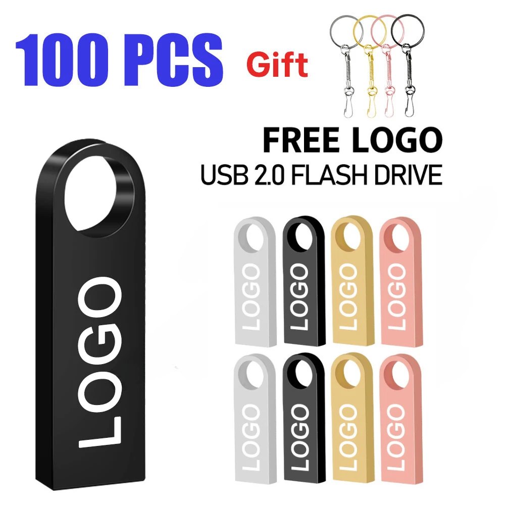 

100PCS Flash Drives Metal 64GB 32gb Free laser logo 16GB Pen drive 8GB Memory stick Free key chain U disk 4GB 2GB 1gb 128mb