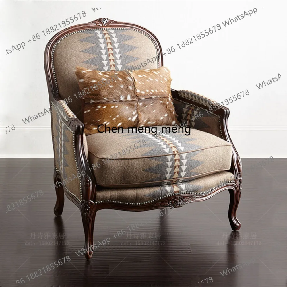 

American Country Solid Wood Sofa Chair Fabric High Back Tiger Chair Living Room Single Sofa Leisure Chair