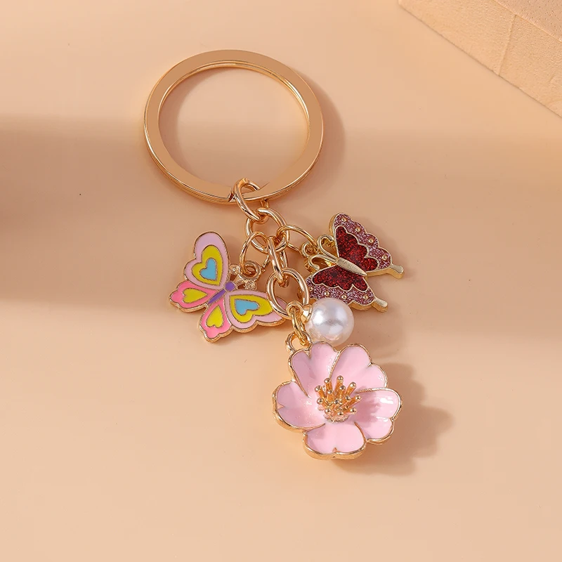 Cute Enamel Flower Keychain Butterfly Key Rings Pendants for Key Holder Women Girls Handbag Decor DIY Jewelry Gifts
