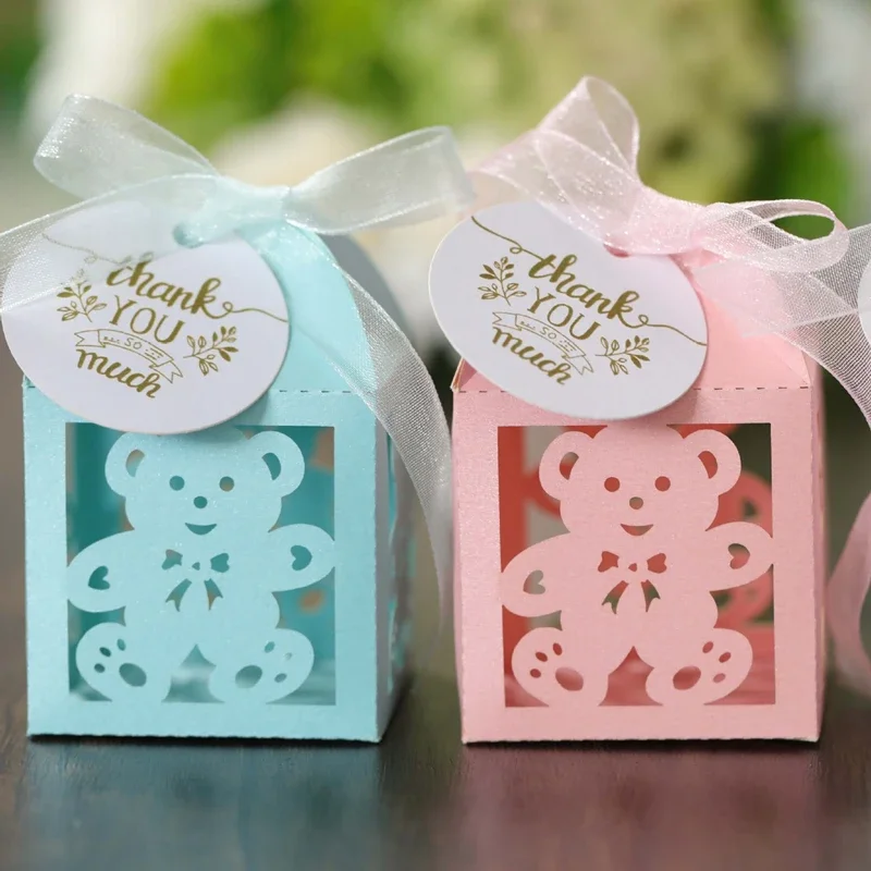 25/50/100pcs Candy Boxes for Baby Shower Birthday with Thank You Tags Ribbons Cute Bear Packaging Box for Chocolate Party Decor