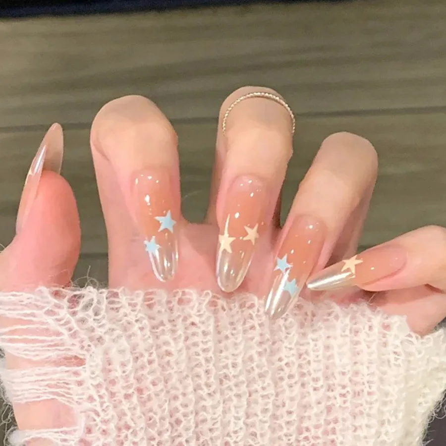 

24 Pcs Cheap Star False Nails Set Realistic Gradient Fake Nails Reusable Artificial Almond Press on Nails with Charms Wholesale