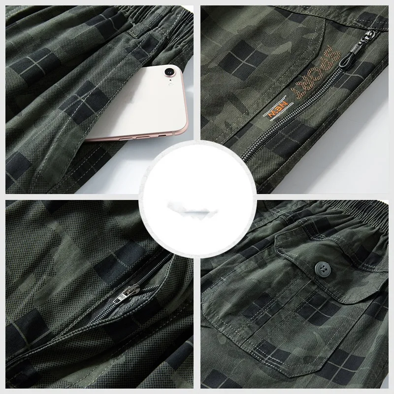 Pantaloncini da uomo elasticizzati a vita alta con cerniera a vita alta a scacchi da uomo, abbigliamento Casual, pantaloni a matita Cargo dritti