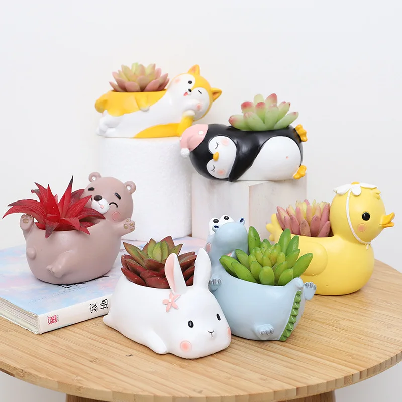 

High Quality Cartoon Rabbit Duck Penguin Design Garden Plant Flowerpot Cute Tiny Table Pen Container Brush Pot Wholesale