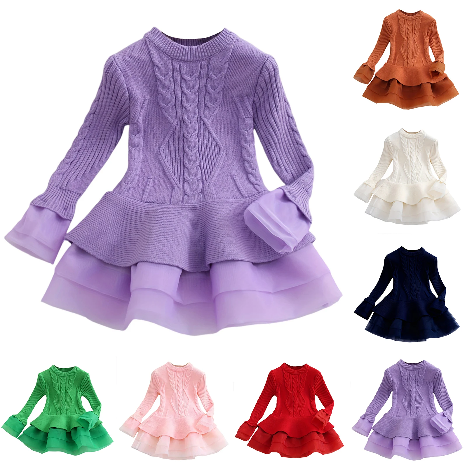 

Модное многослойное платье с длинными рукавами для девочек, осень-зима, детская однотонная многоуровневая юбка, детское повседневное вязаное платье-свитер