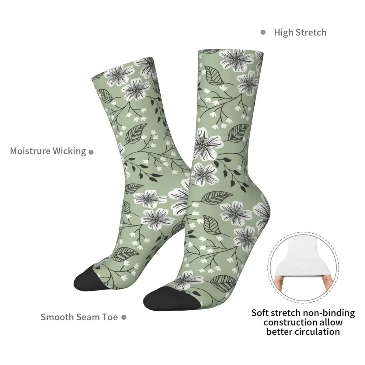 Sage Green Floral Socks Harajuku Super Soft Stockings All Season Long Socks Accessories for Man's Woman's Gifts