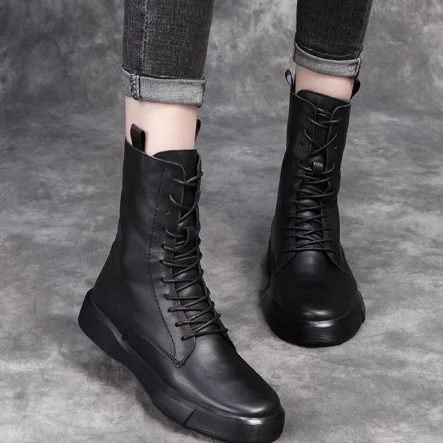 

Genuine Leather Boots Women's Chic Knight Boots Cowhide Mid-Calf Boots Female British Style Thickened Flat Bottom Rubb...