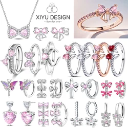 925 Silver Valentine's Day Jewelry Set Double Love Ring Zircon Shining Earrings Bracelets Necklace Original DIY Women Fine Gift