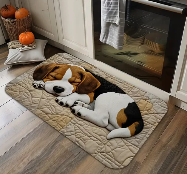 Alfombra de entrada duradera con diseño impreso, suave y cómoda al tacto, decoración cálida para el hogar, diseño de perro Beagle durmiente, 1 unidad