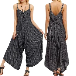 Women Casual Loose Strap Overalls for Women New Sexy V-neck Backless Striped Jumpsuit Women Wide Leg Bodysuit Elegant Jumpsuits