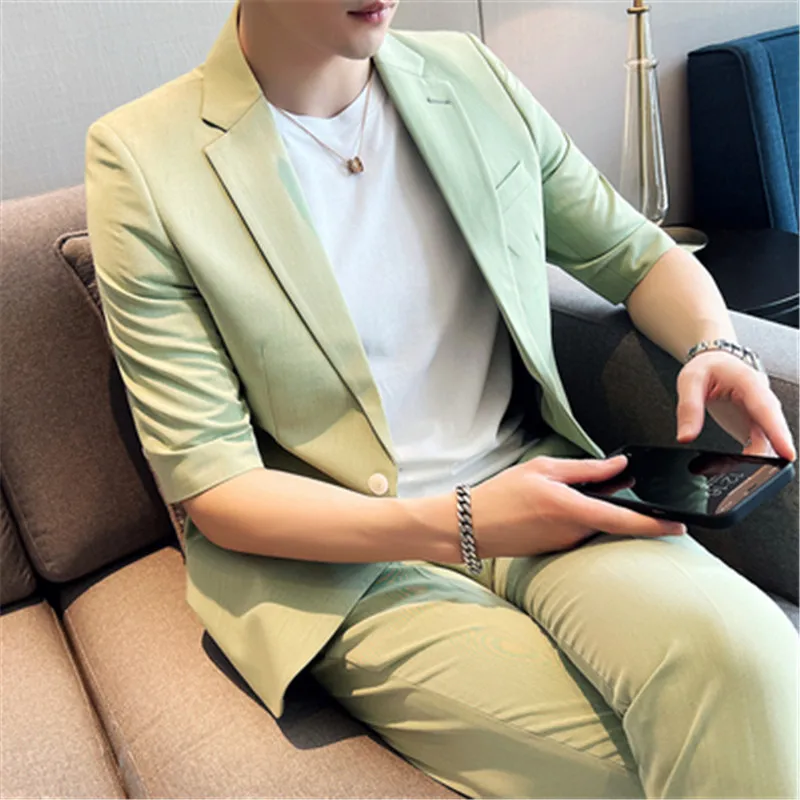 

Half Sleeve Mens Suits with Pants Summer Korean 2 Piece Latest Coat Pant Design Suits Prom Tuxedo 5XL Casual Ternos Costume