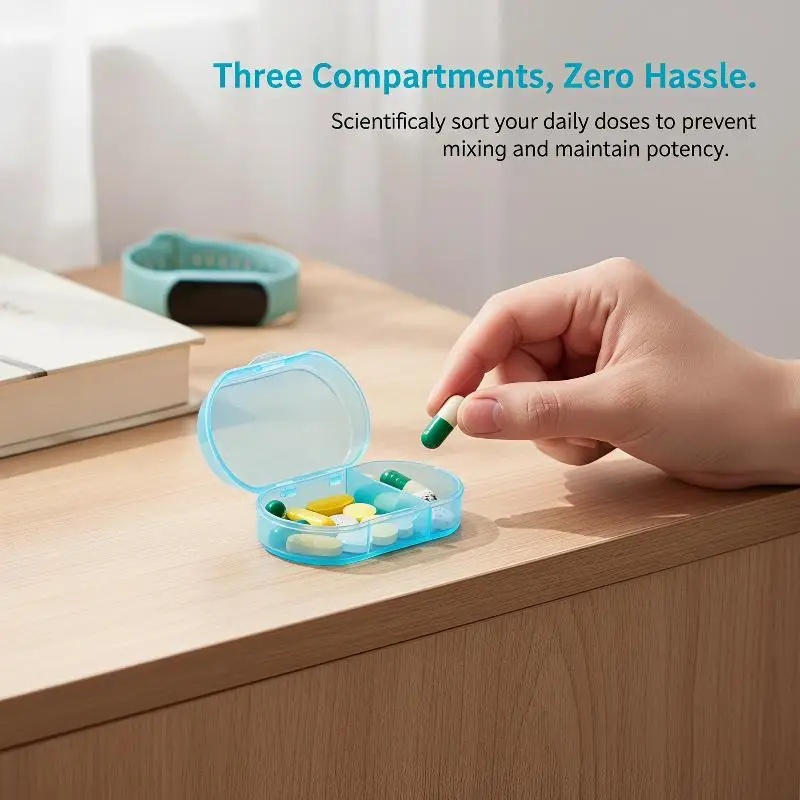 Mini Portable Plastic 3 Grids Pill Storage Box Assorted Colors Compact Design For Travel Daily Use