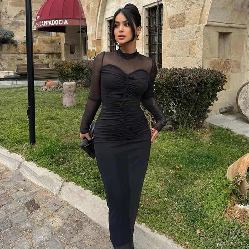 Black Maxi Dress Women Autumn New Fashion Sexy Mesh See Through Dresses Bodycon Casual Long Sleeves Clubwear Elegant Party Dress