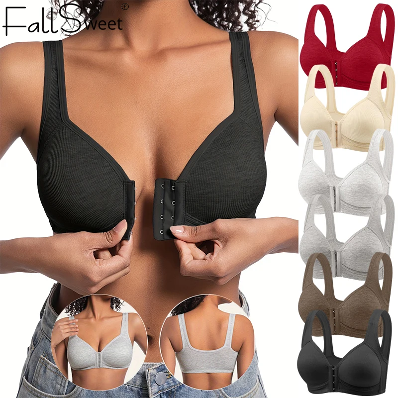 Fallsweet Seamless Front Closure Bra For Women Solid Wire-Free Push Up Bralette Full Coverage Fixed 