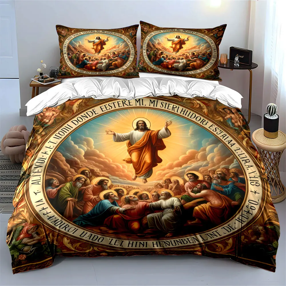 Jesus Ascension Religious Christian Bedding Set, Vintage Church Mural Saints Angel Print 1 Duvet Cover And 2 Pillowcase, Gift