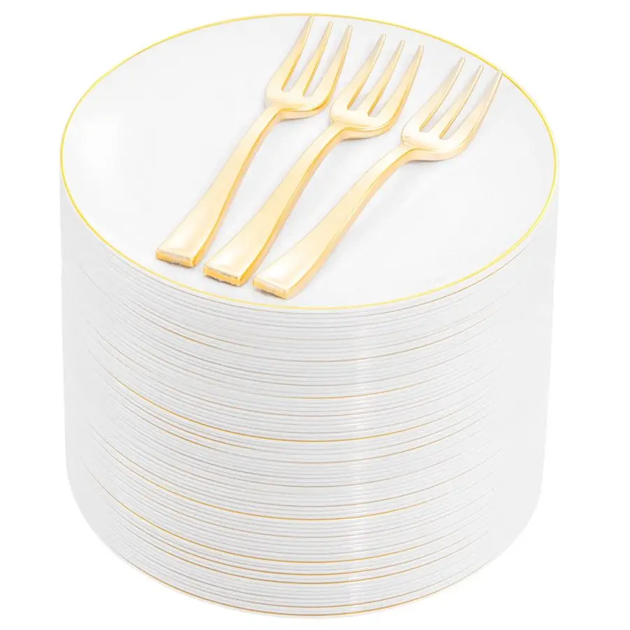 

200Pcs Gold Dessert Plates 6.3 with Forks 5 Small Disposable Dessert Cake Appetizer Plates Plates serve 100 guests include 100Pl