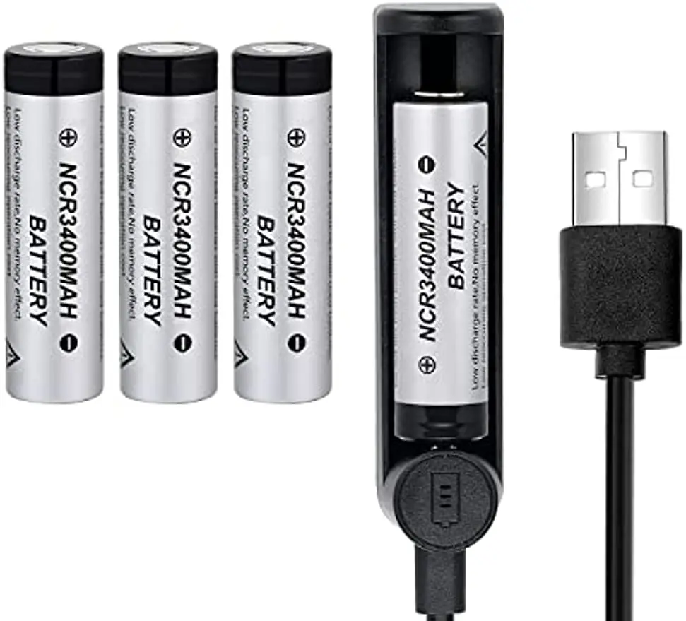 

18650 Battery Charger Set, 3400mAh Rechargeable Flat Top Cell for Led Flashlights, Cameras, Headlamps, Doorbells, Handheld Fan