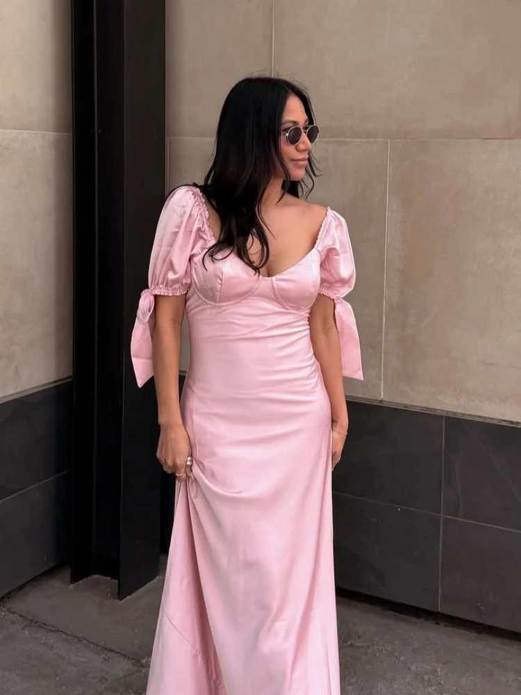 

Women's Satin Short Puff Sleeve Dress Deep V Neck Slim Fit Bodycon Maxi Dresses New Elegant Draped Long Evening Party Gown 2026