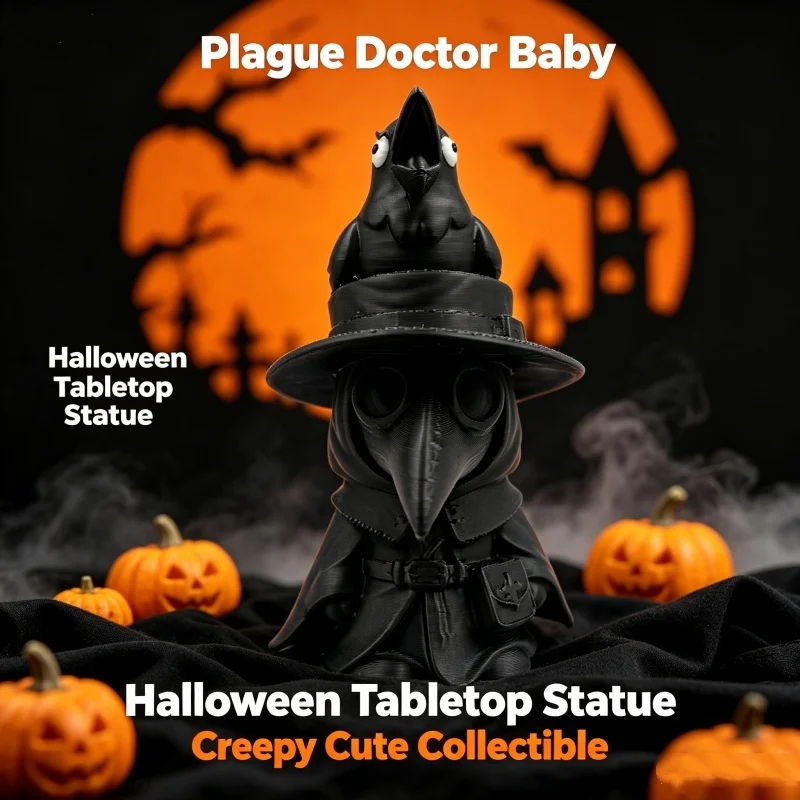 3D Printed Plague Doctor Baby Figurine with Crow Gothic Halloween Desktop Ornament for Home Party Decoration Collectible Gift