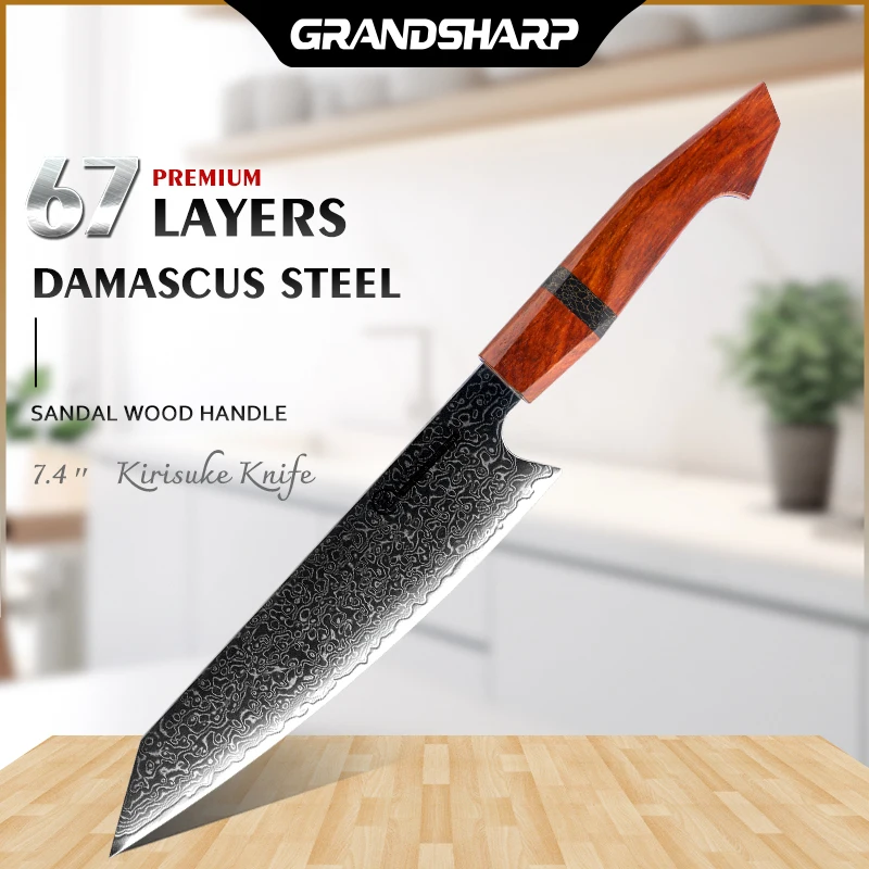 

Grandsharp 7.5 Inch Kiritsuke Knife 67 Layer Damascus 10Cr15C0Mov Steel Blade Kitchen Meat Chef’s Knife with Sandal Wood Handle