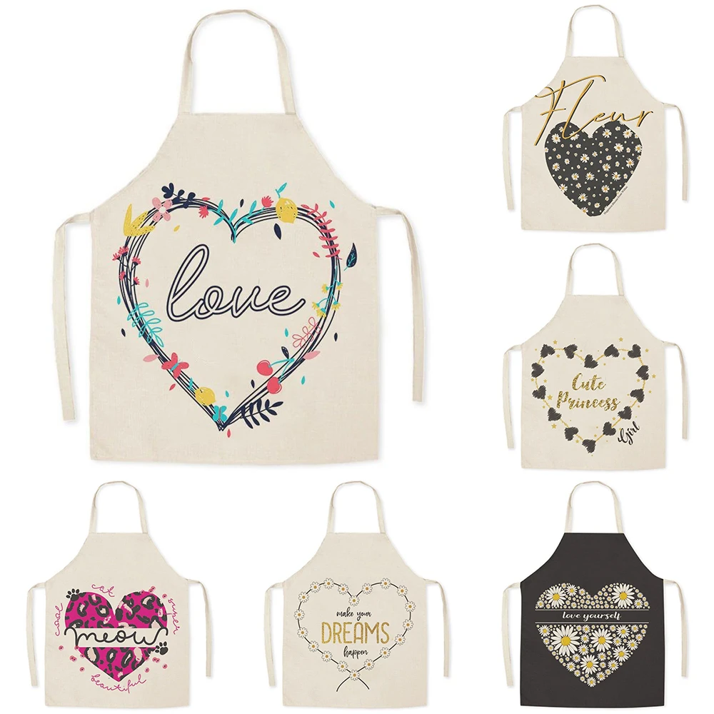 Simple cartoon love linen sleeveless apron kitchen cooking baking apron pocket adult home cleaning anti-greasy apron