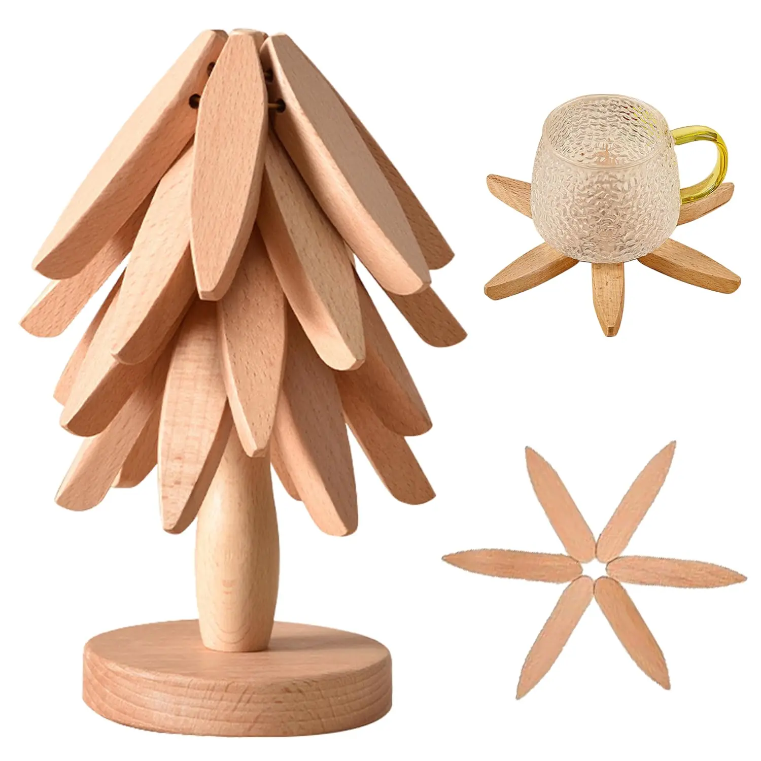 Tree Shape Wooden Trivet Set 4 Trivets + 1 Stand for Hot Dishes Natural Foldable Kitchen Trivet for Pot Bowl Teapot Hot Pot Hold