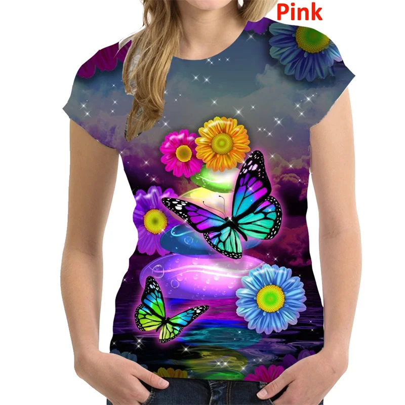 Colorful Butterfly Flower T-Shirts 3D Print Women's Casual O-Neck Short Sleeves T Shirt Y2k Harajuku Tees Tops Female Clothing