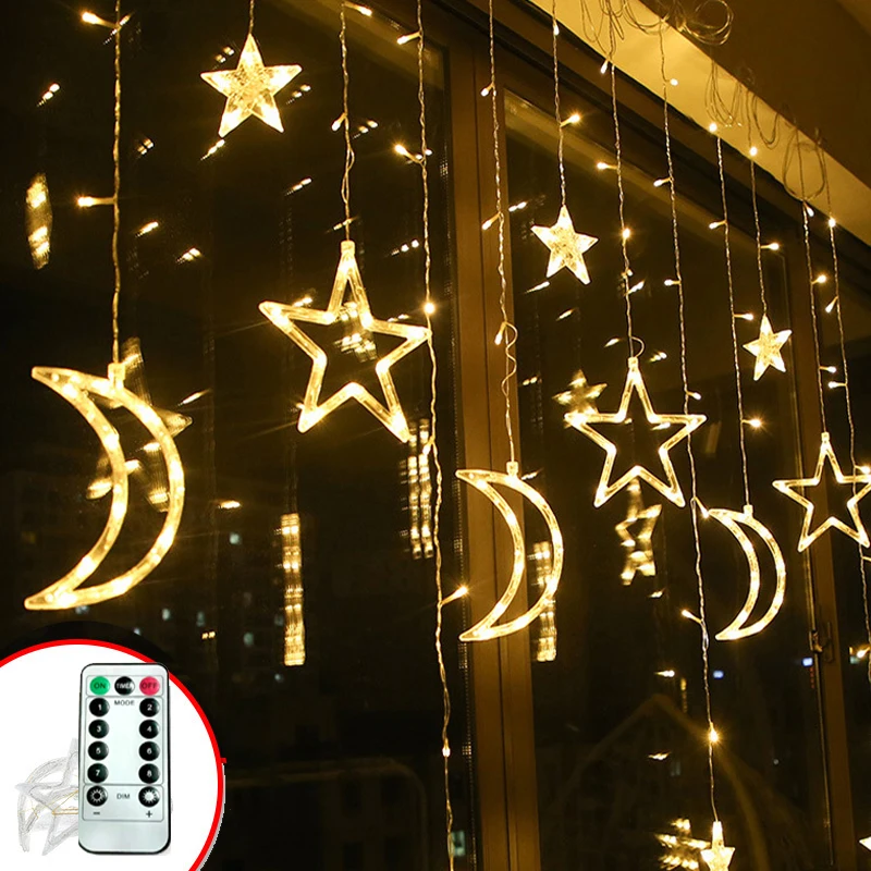 

3.5M 138leds Star Moon Led Curtain String Light Christmas Ramadan Garland Light Romantic Holiday Lights For Wedding Party Decor