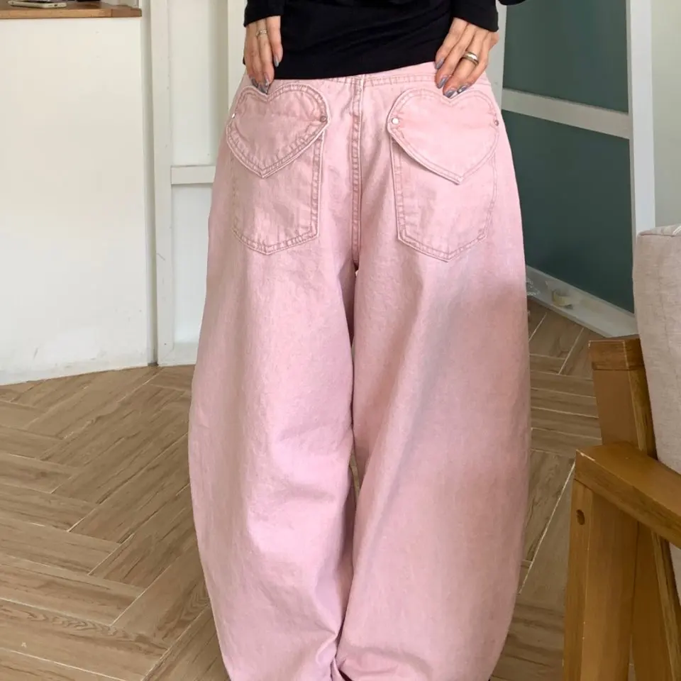 

Джинсы женские с высокой талией и широкими штанинами, летняя новинка, двухцветные, с карманами в форме сердца, длинные брюки, повседневный стиль, на все сезоны