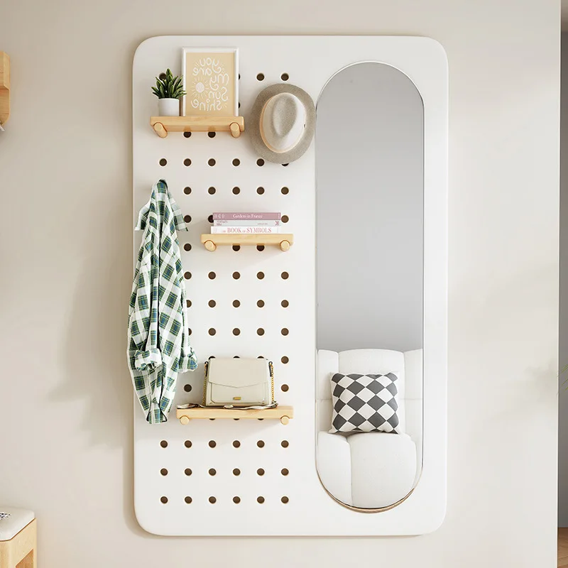 

Solid wood hole board shelfNordic ins style with dressing mirror, modern and simple entrance wall-mounted shelf