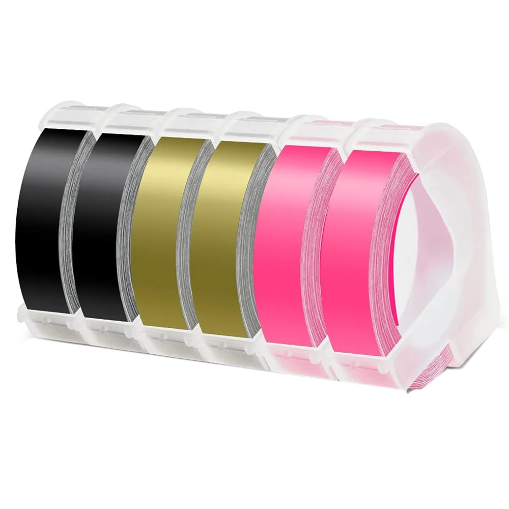 Ruban d'étiquettes de rechange pour Dymo, 6 rouleaux, en plastique, gaufrage 3D, 9mm, auto-adhésif, noir, or, rose