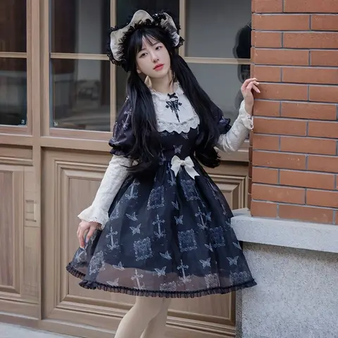 빅토리아 고딕 로리타 드레스 여성용, 빈티지 우아한 나비 프린트, 활 공주 파티 드레스, 일본 소녀 카와이 의류