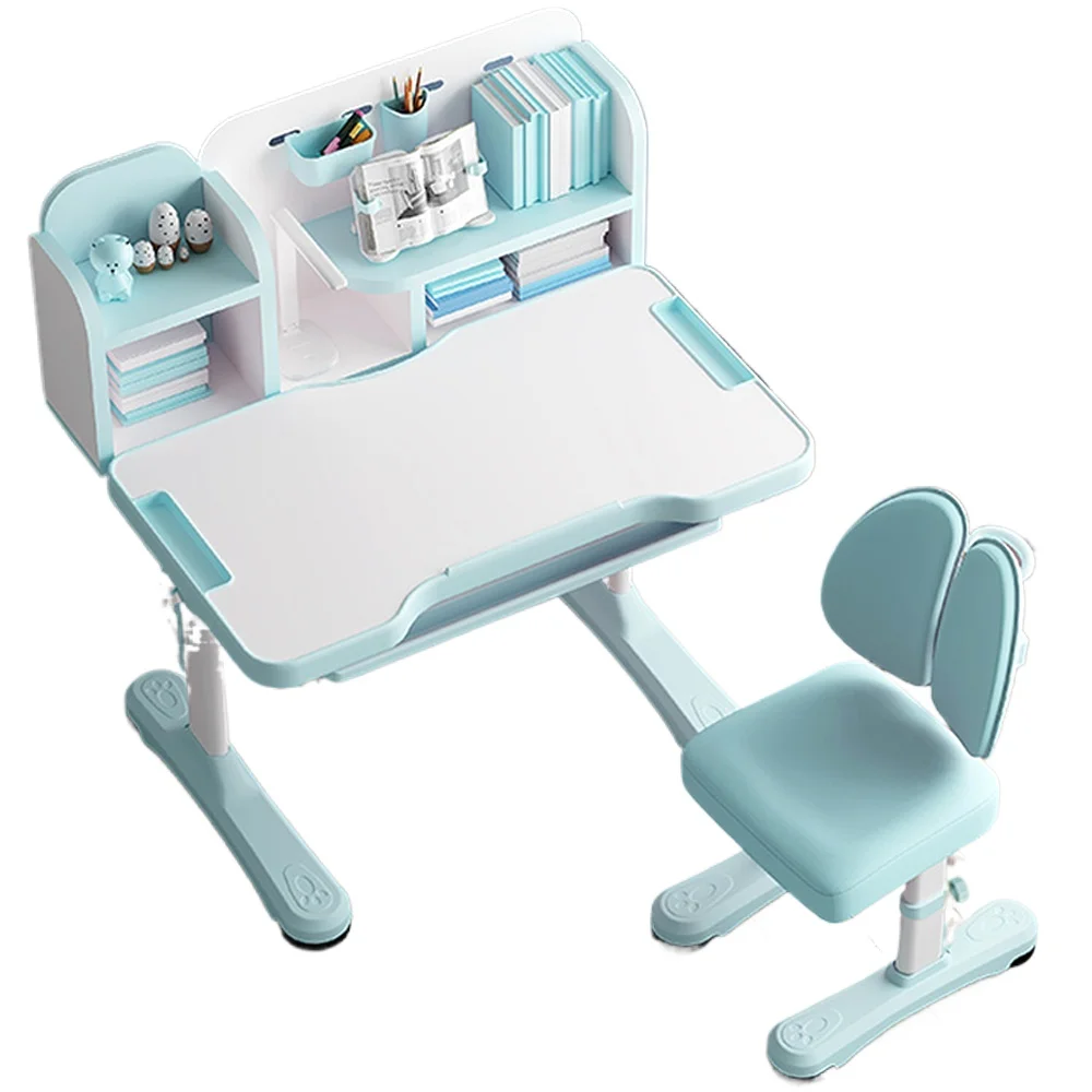Wooden Ergonomic Children Learning Desk with Height Adjustable Kids Study Reading Table and Chair Bookshelf Wood Home Furniture