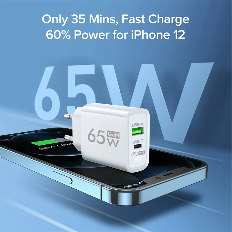 65W GaN USB C Charger Dual Port PD3.0 QC3.0 Fast Wall Adapter Type-C USB-A for iPhone Samsung Xiaomi Laptop EU US Plug Travel