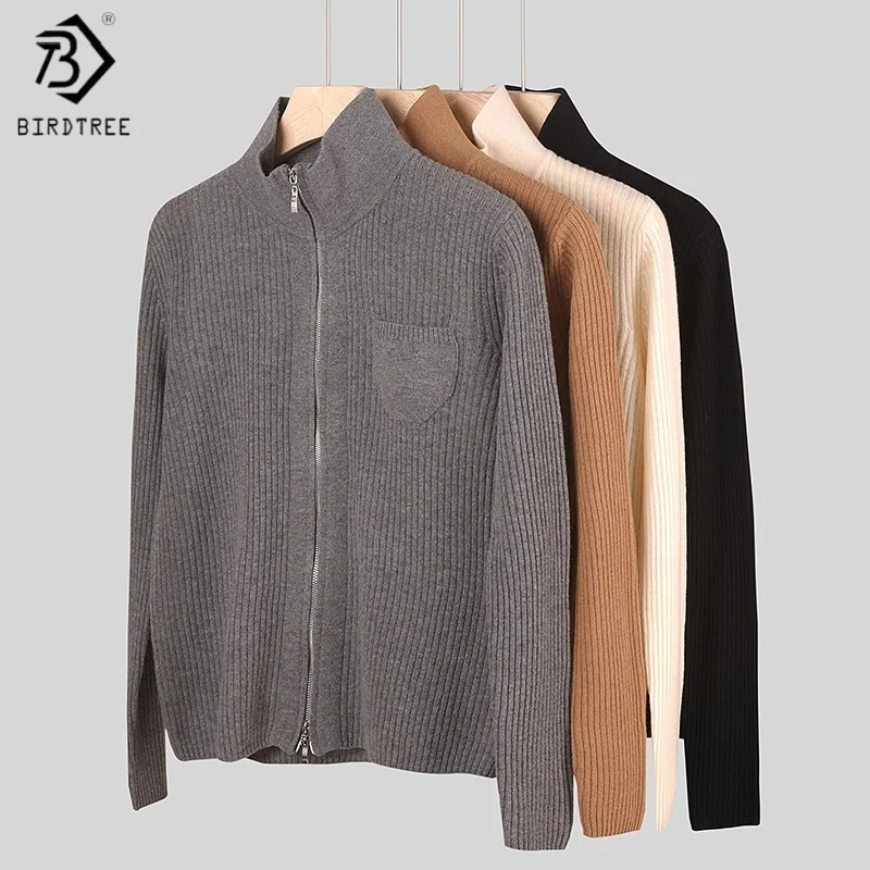 

Birdtree, вязаный кардиган из 100% овечьей шерсти с двойной молнией, женский свитер с воротником-стойкой и длинными рукавами, осенне-зимнее пальто 2025T5O711JF