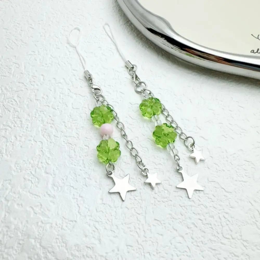 

Summer Lucky Grass Phone Charms Refreshing Five-pointed Star Four-leaf Clover Beaded Keychain Green Y2k Girls